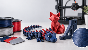 Close-up of RS3D 3-D printed items showing layer lines, colors, and different filament finishes