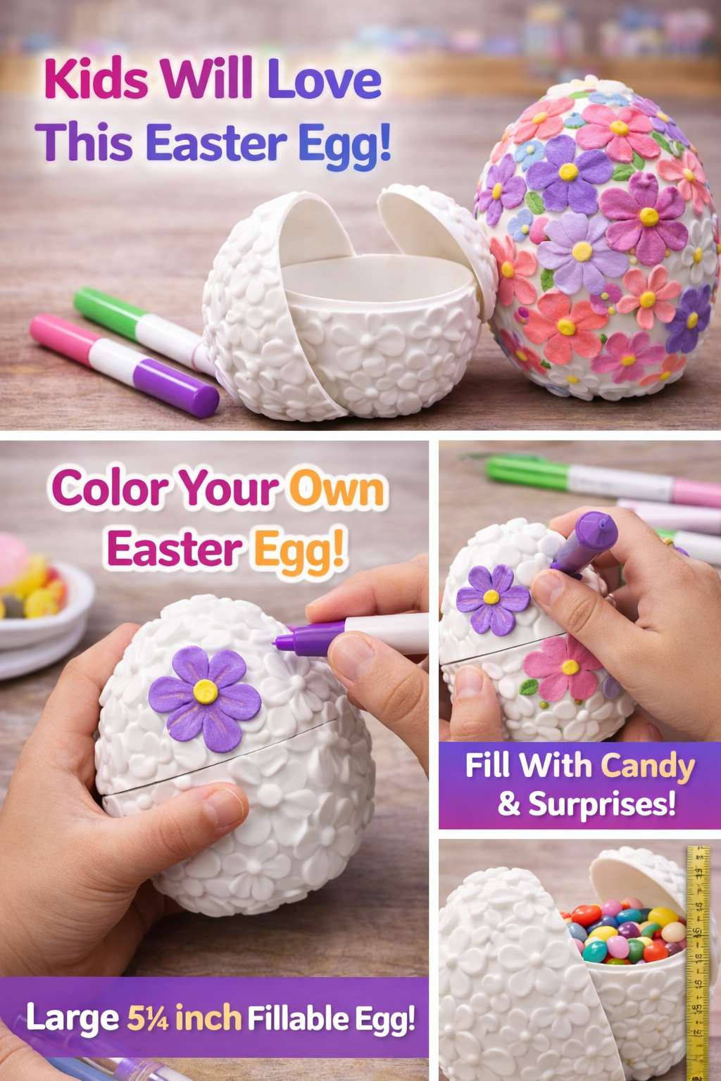 Color-Your-Own Easter Egg – 5¼" Fillable Egg for Kids | DIY Easter Craft